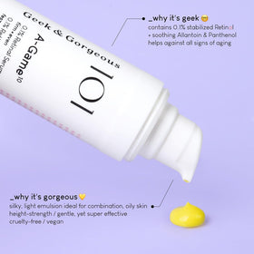 Geek & Gorgeous ingredient label highlighting retinal and soothing agents