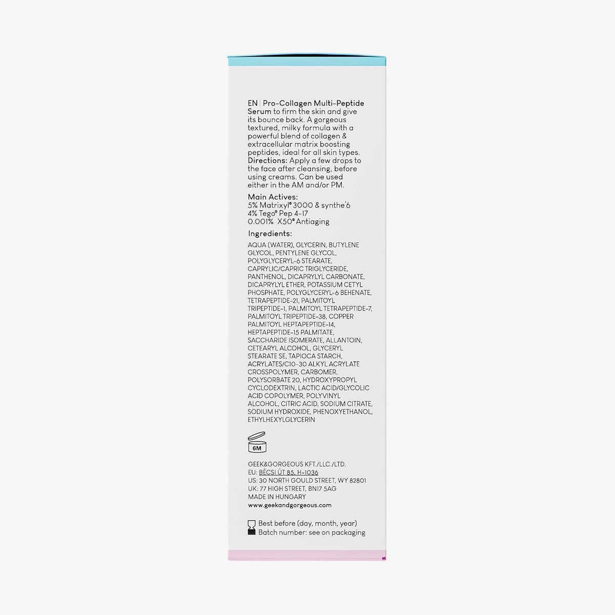 Geek & Gorgeous label showing ingredient names and peptide concentrations for transparency