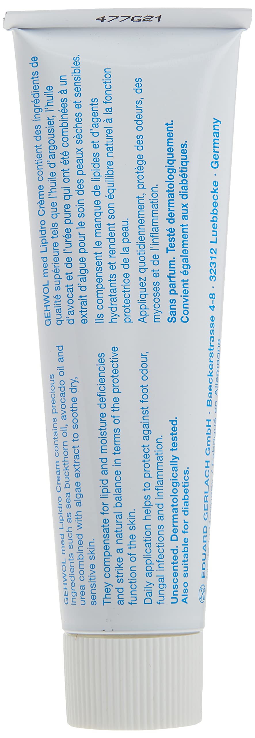 GEHWOL Lipidro tube in hand for scale showing travel-friendly 2.6 fl oz size benefit