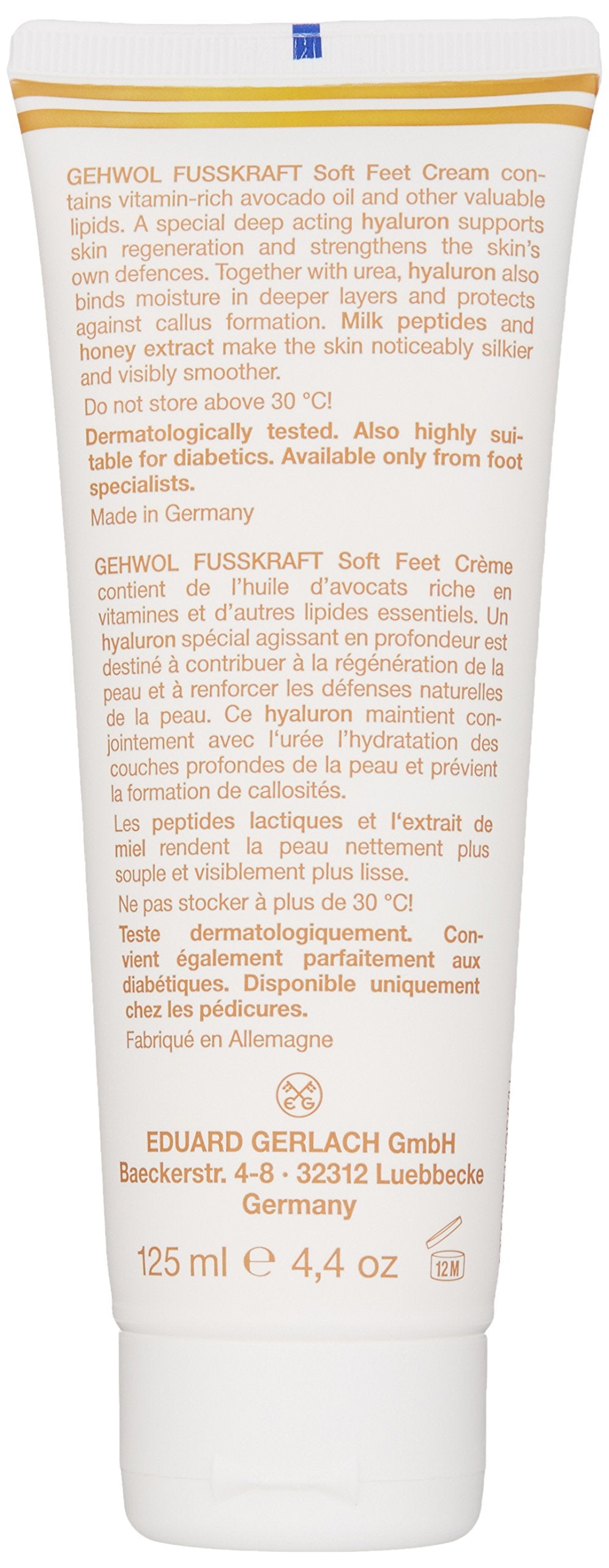 GEHWOL Soft Feet Cream texture close-up on hand illustrating rich, fast-absorbing cream for soft skin