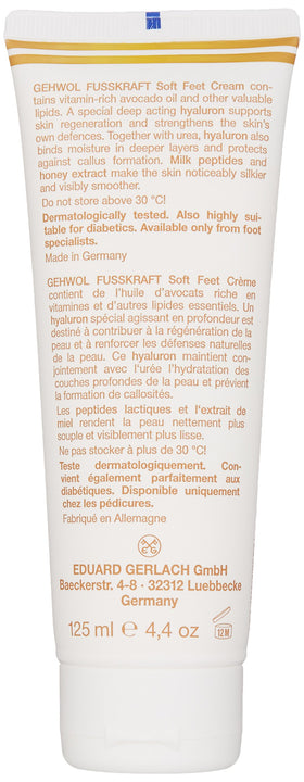 GEHWOL Soft Feet Cream texture close-up on hand illustrating rich, fast-absorbing cream for soft skin