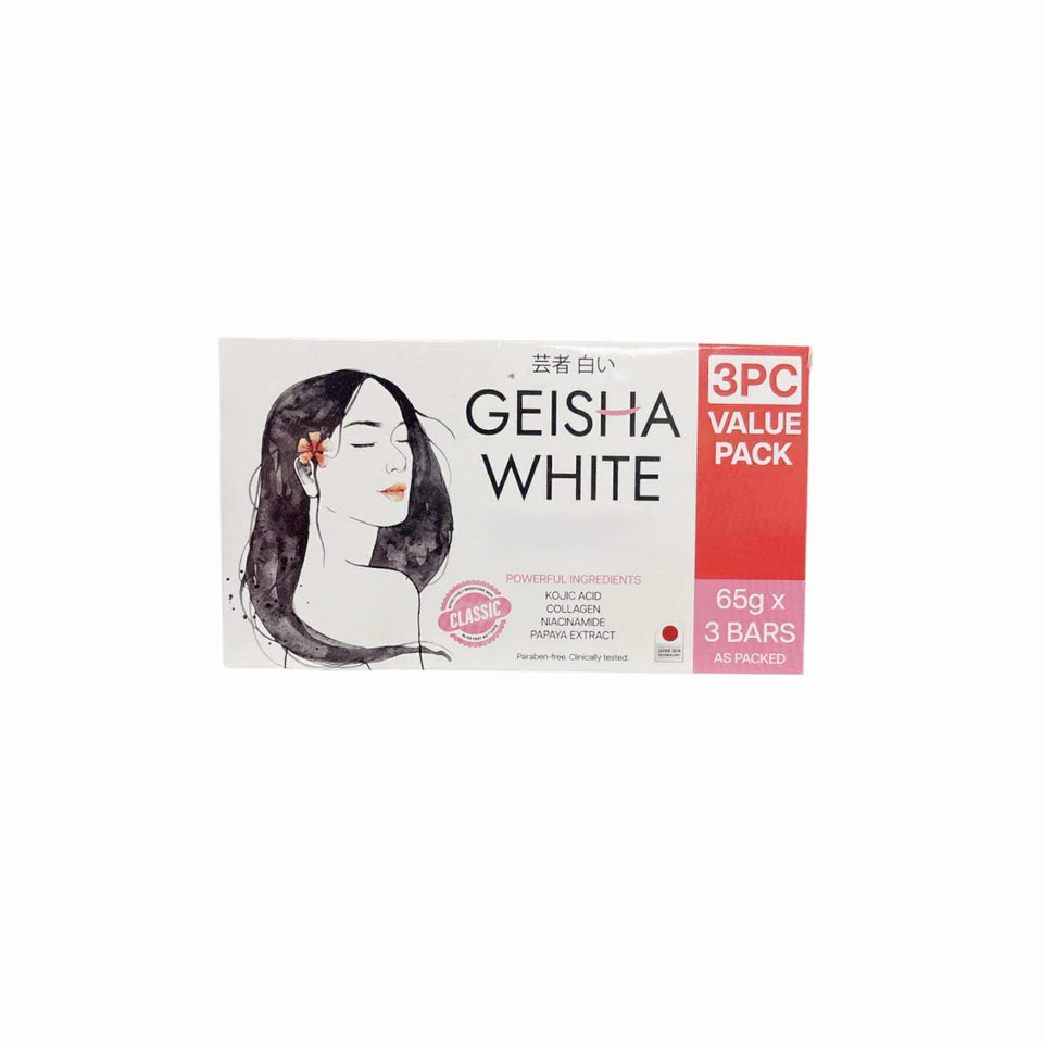 Geisha White front packaging showing three 65g bars and clear product branding for easy identification and storage