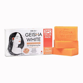 Geisha White front packaging showing three 65g bars and benefits