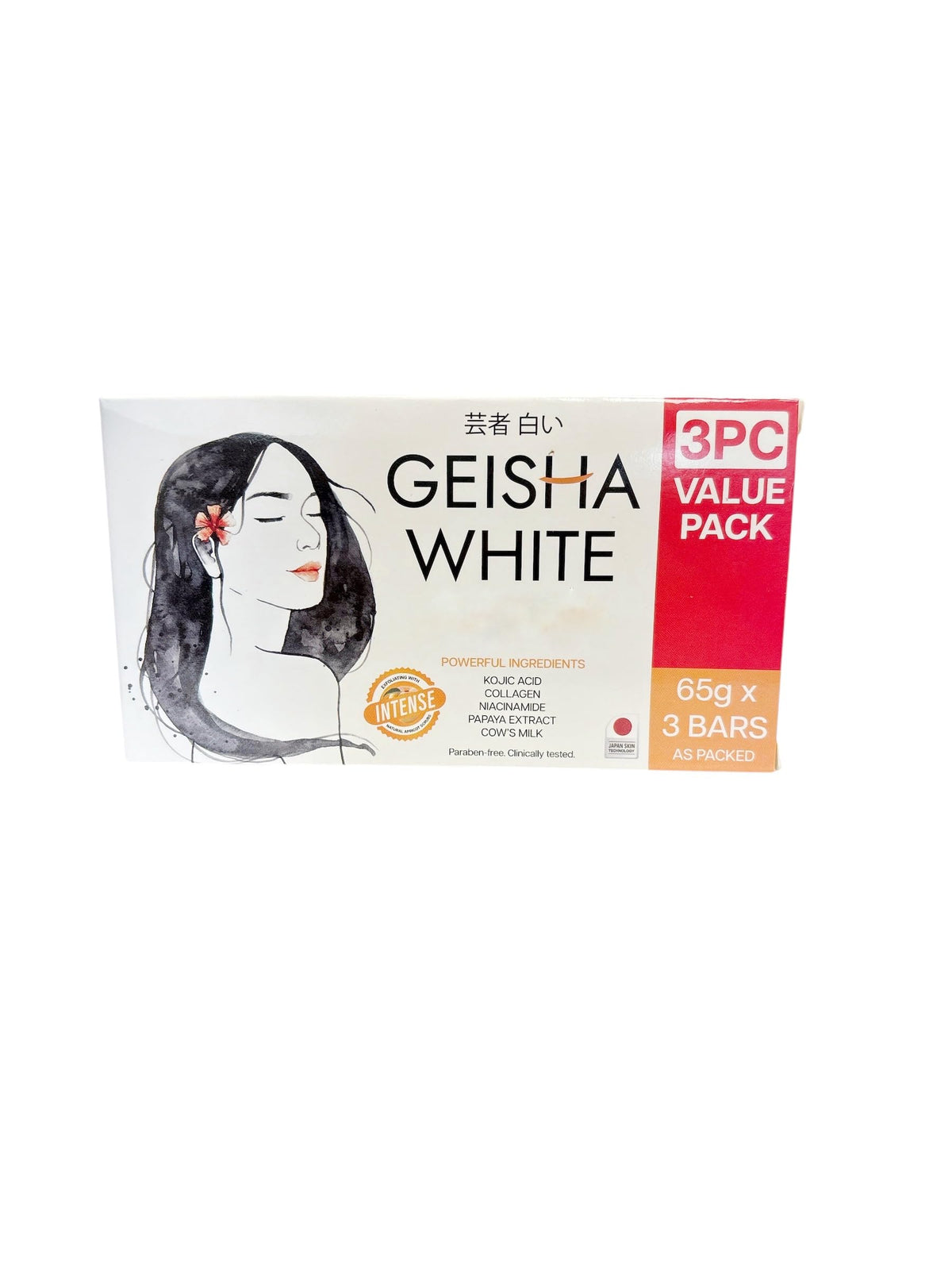 Generic Geisha White front packaging showing three 65g bars and benefits