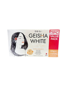Generic Geisha White front packaging showing three 65g bars and benefits