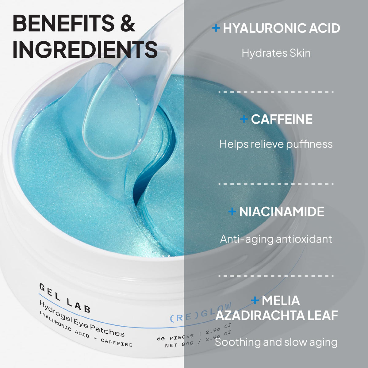 Gel Lab patch applied under eye on model, refreshing and cooling benefit