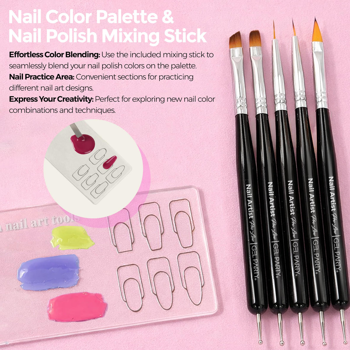 GEL PARTY brush holder with tools organized to speed up multi-step services