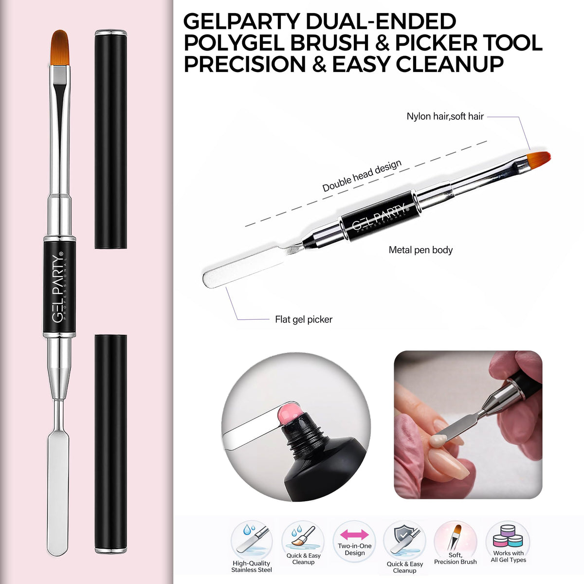 GEL PARTY poly gel brush detail showing shape and stiffness for smooth sculpting
