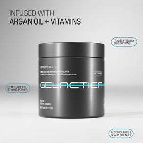 Argan oil and vitamins next to Gelactica jar highlighting nourishing ingredients benefit