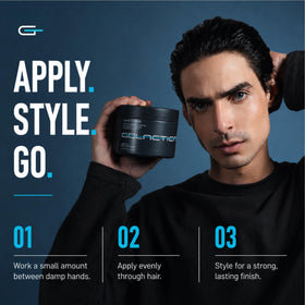 Gelactica slick back style on model showing long-lasting control and shine