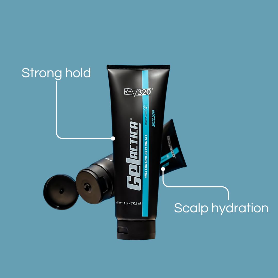 Gelactica slick-back styled male model showing long-lasting hold benefit