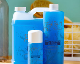 Gelish bottle next to a hand for size comparison and long-lasting supply