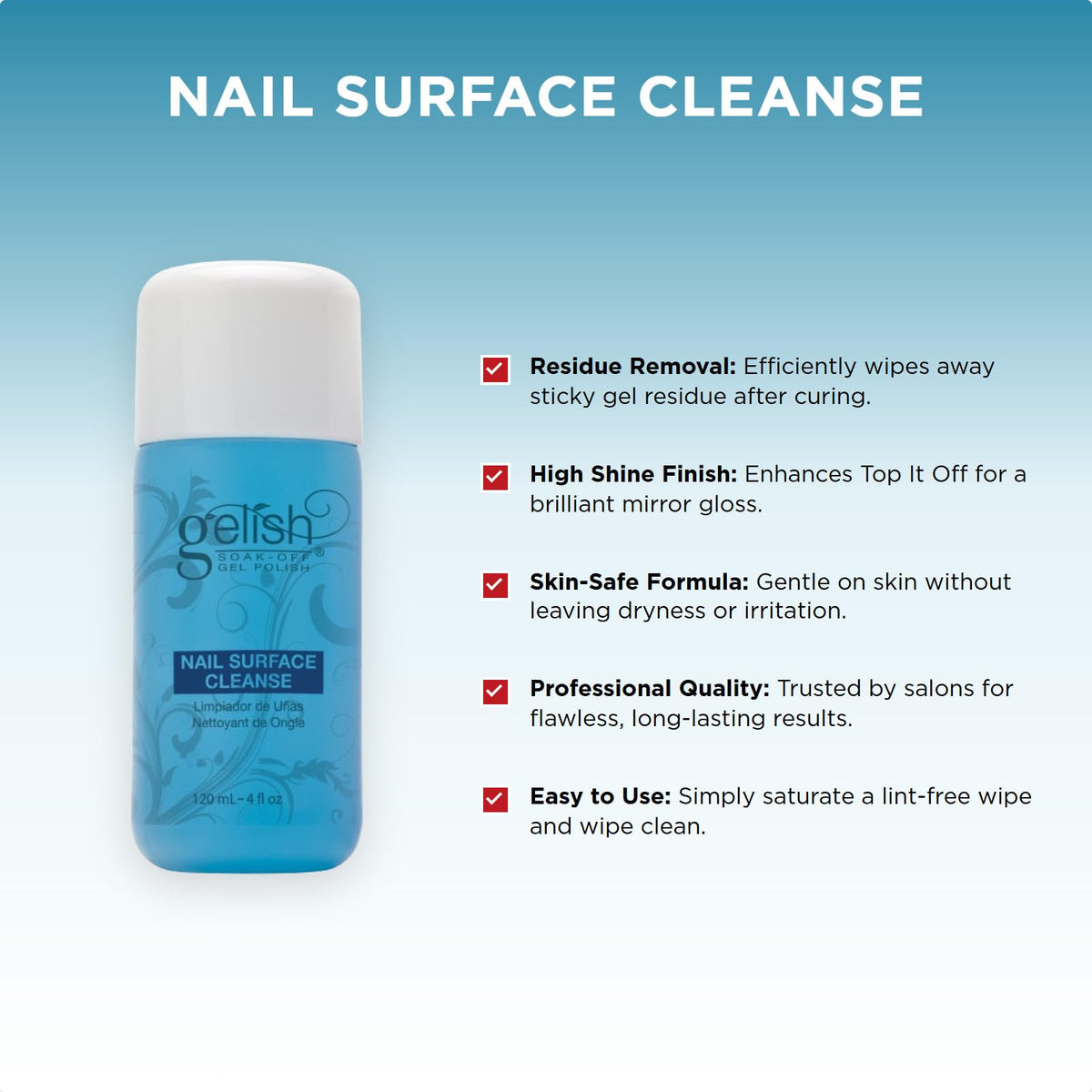 Gelish close-up of wipe soaked with cleanser showing residue removal benefit