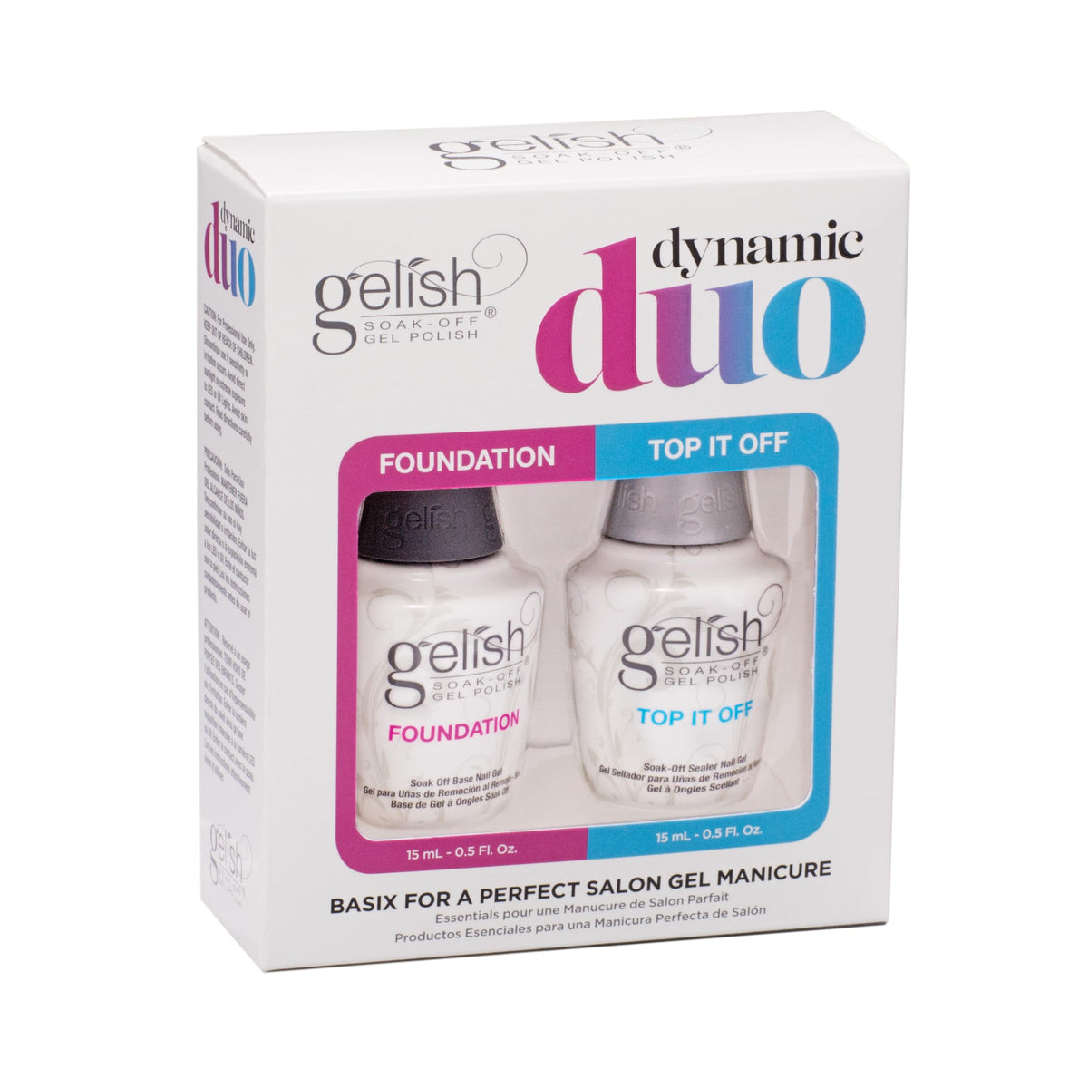Gelish dynamic duo front packaging showing two 15mL bottles and branding for salon reliability