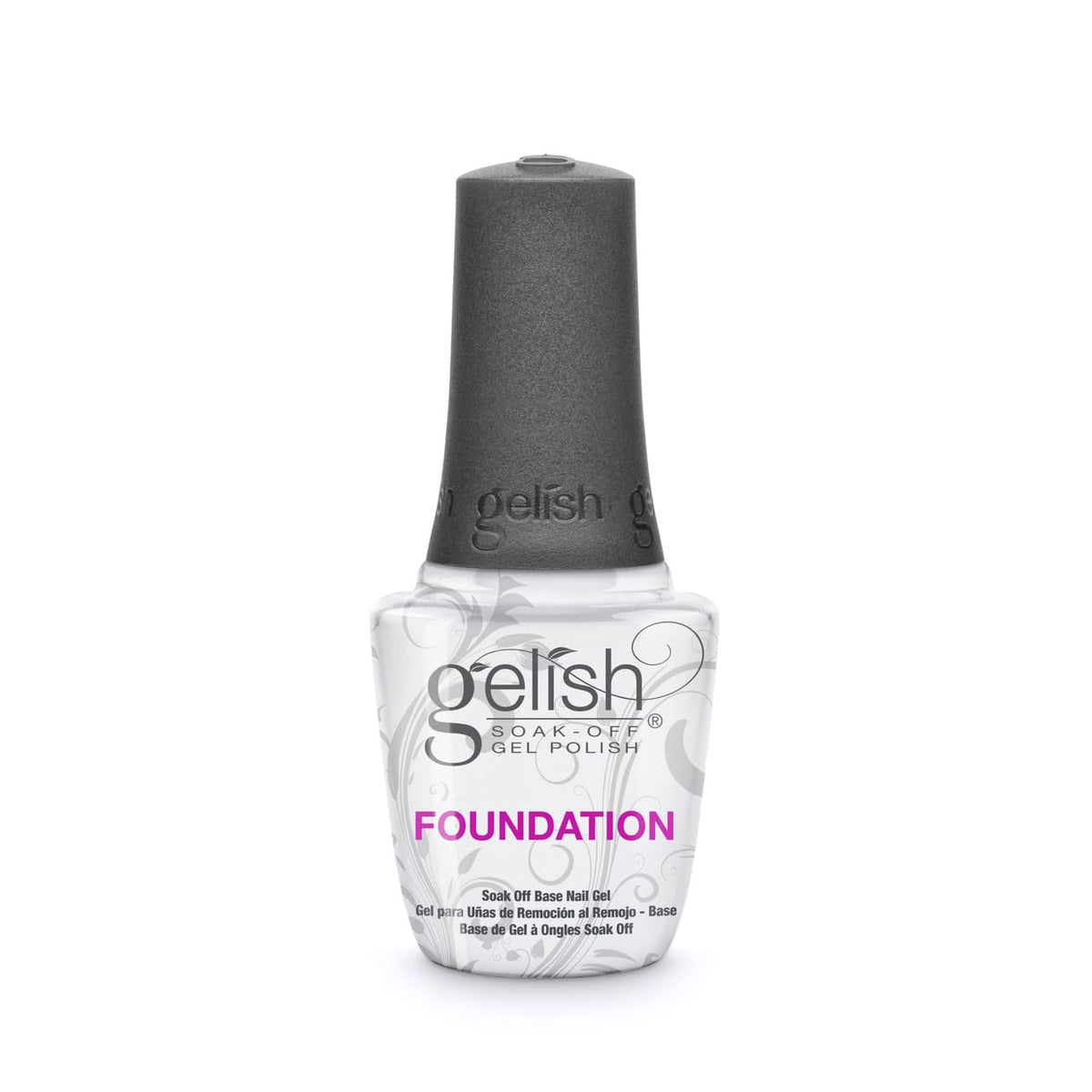 Gelish foundation base front packaging showing clear bottle and fast-curing benefit