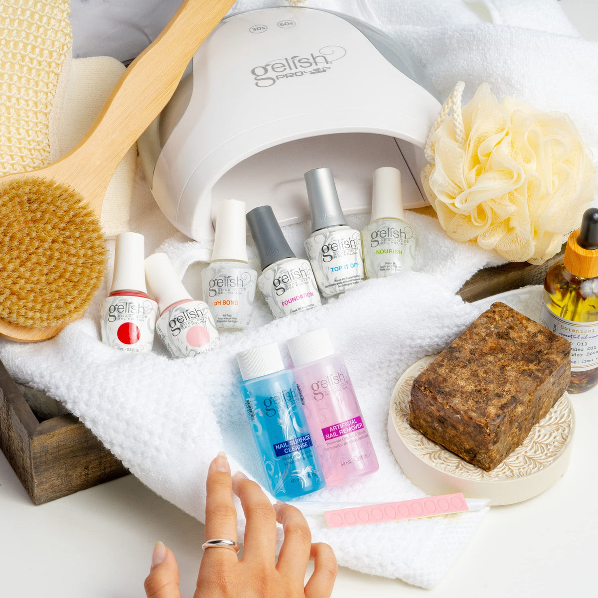 Gelish kit in use during home manicure for salon-quality results