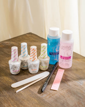 Six Gelish mini bottles lined up for size comparison and travel-ready portability