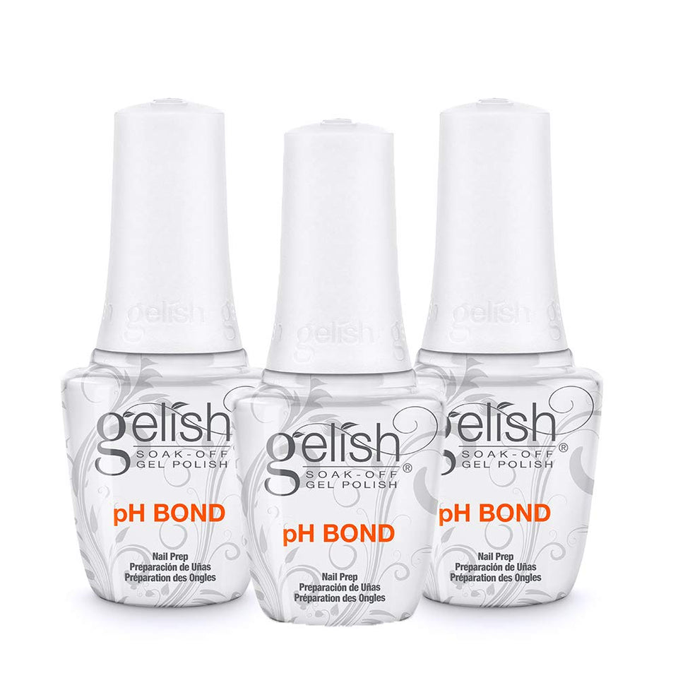 Gelish pH Bond front packaging showing three bottles and product branding for reliable prep