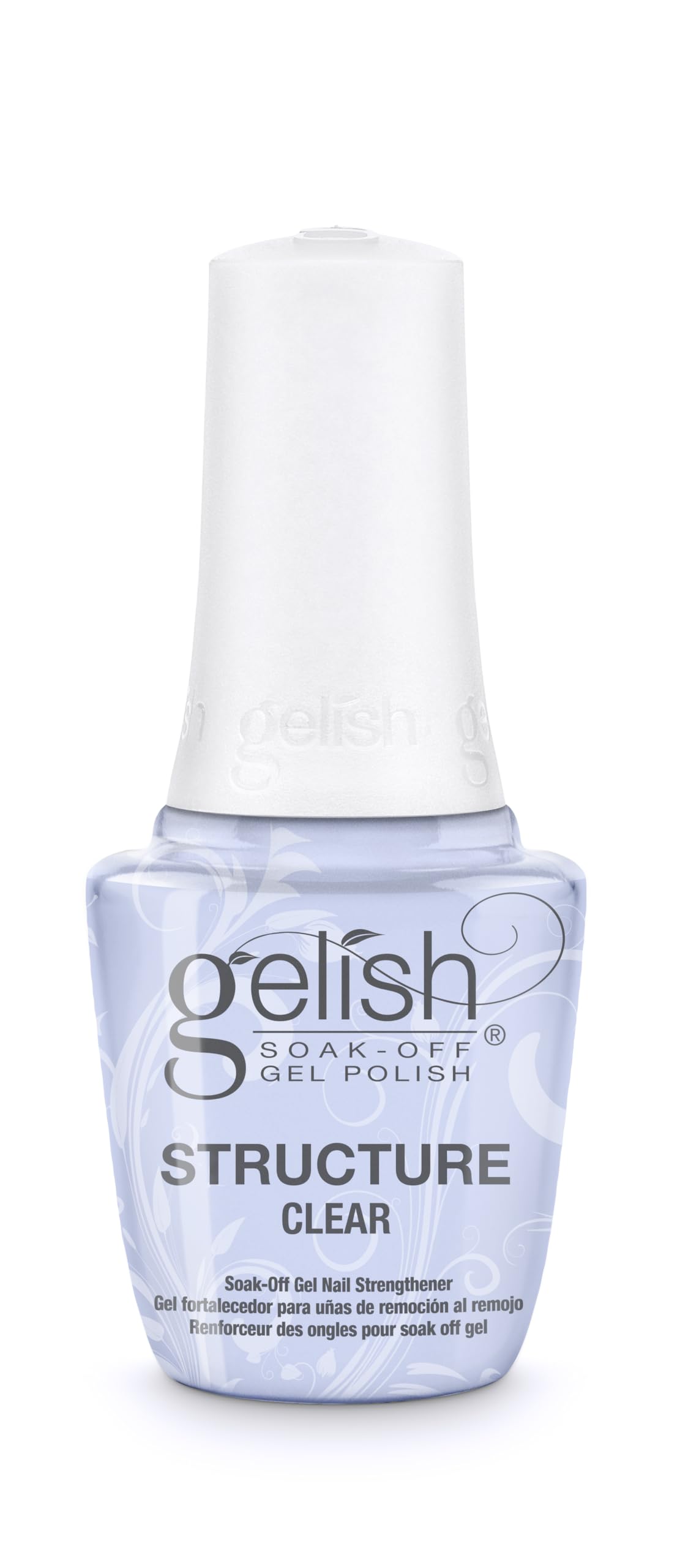 Gelish bottle front packaging showing clear structure gel, professional finish benefit