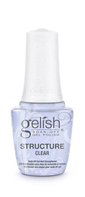 Gelish bottle front packaging showing clear structure gel, professional finish benefit