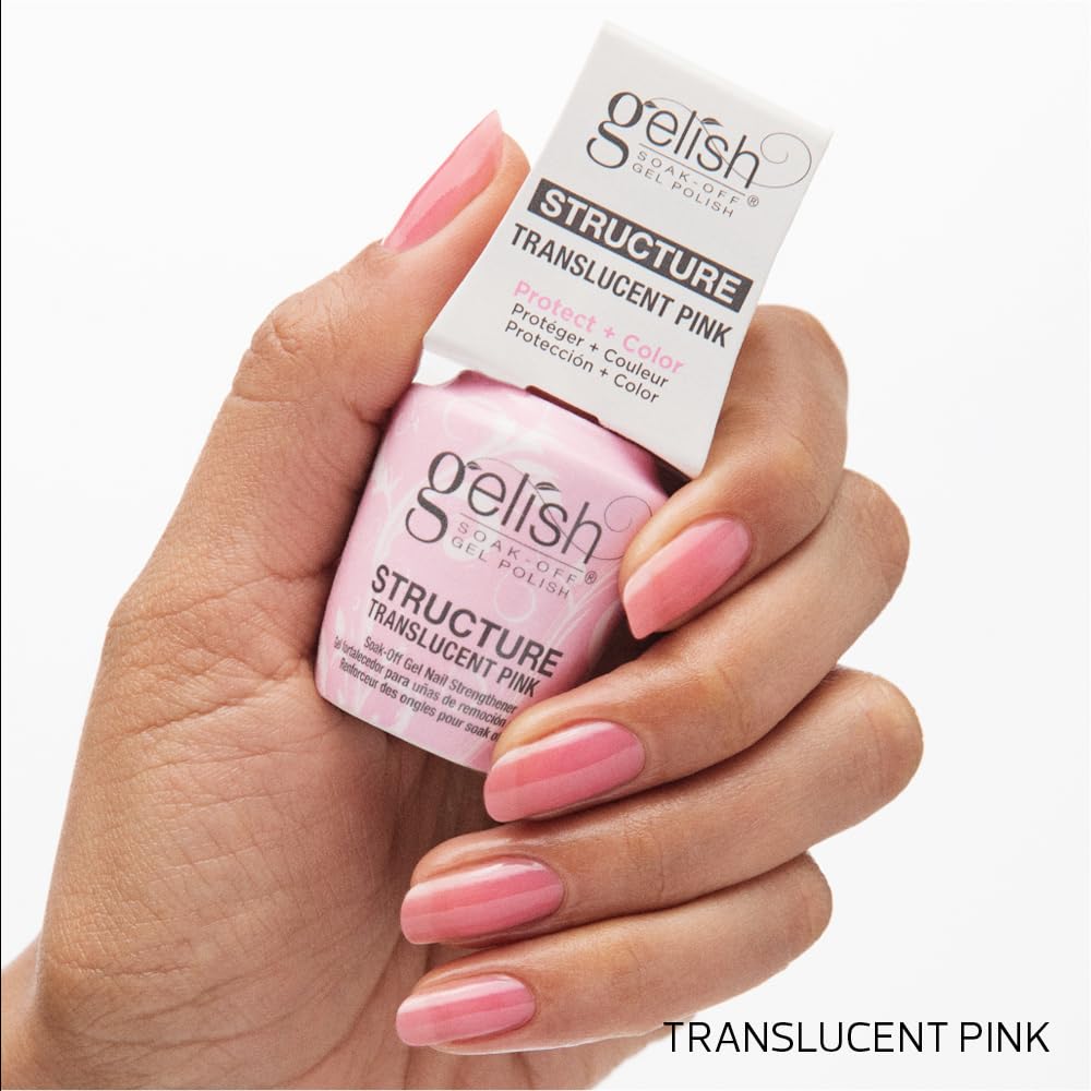 Gelish product applied on a natural nail showing smoothing of ridges and strengthened finish