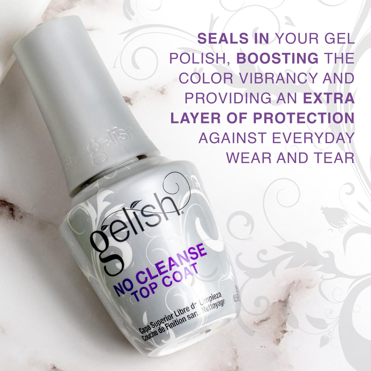 Gelish product label close-up showing formula details and professional-grade benefit