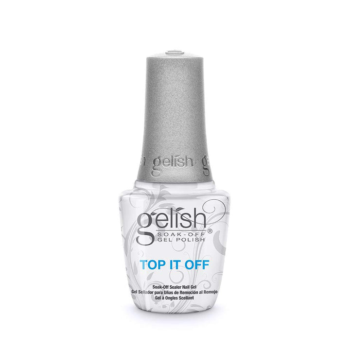 Gelish bottle front showing label and high-gloss benefit