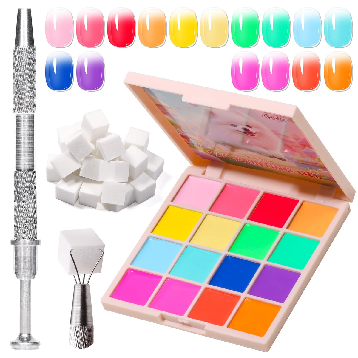 GELLAKTIK front packaging showing 16 ombre gel jars and box, versatile palette benefit
