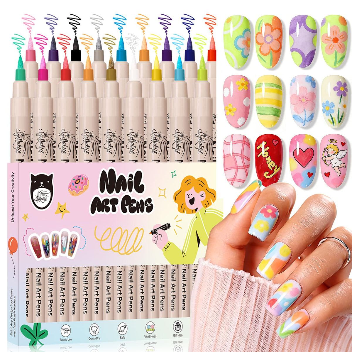 GELLAKTIK front packaging showing 18 vibrant nail art pens for complete designs