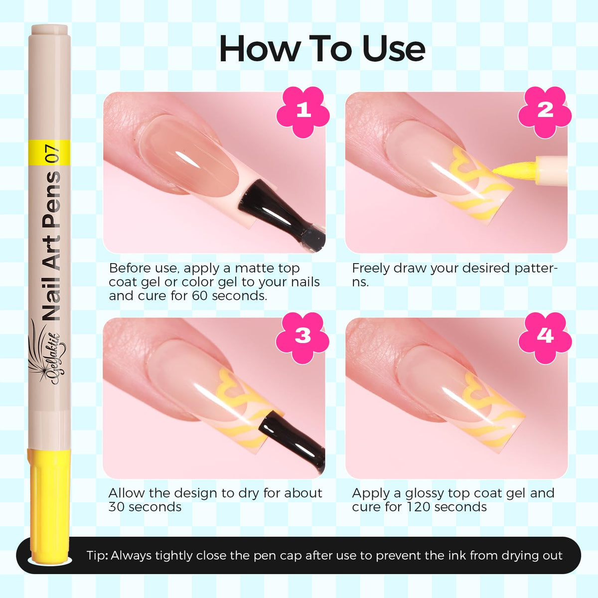 GELLAKTIK at-home manicure station with pens, topcoat, and finished nails