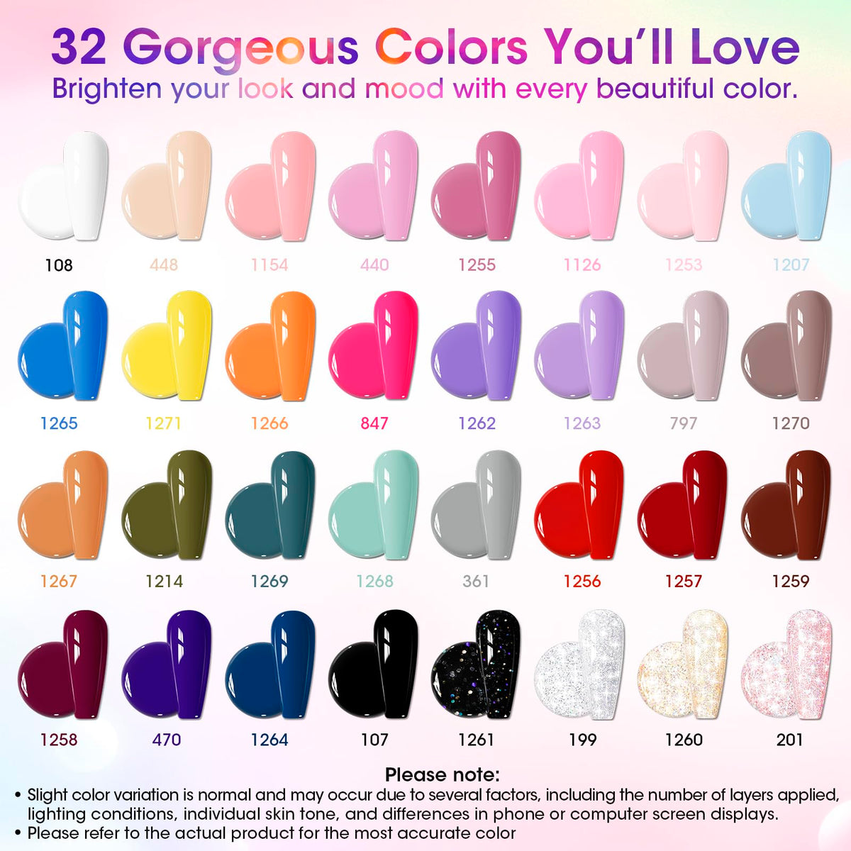 GELLEN color array flatlay with 32 gel shades showing variety for seasonal styles