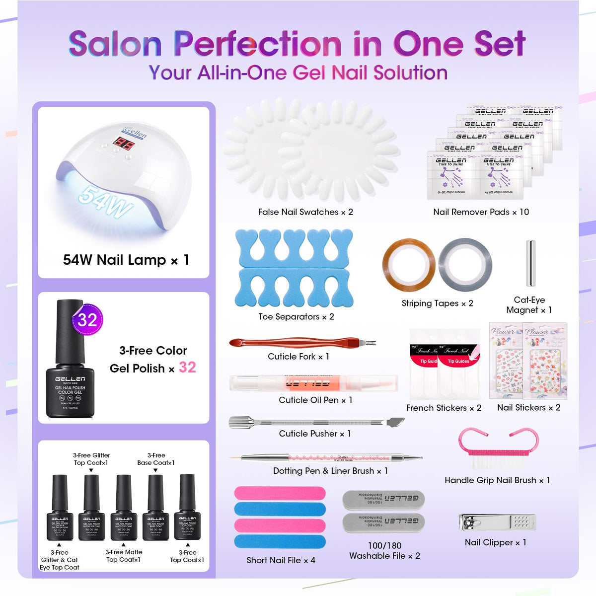 GELLEN 32 gel color bottles lined up to provide seasonal color variety