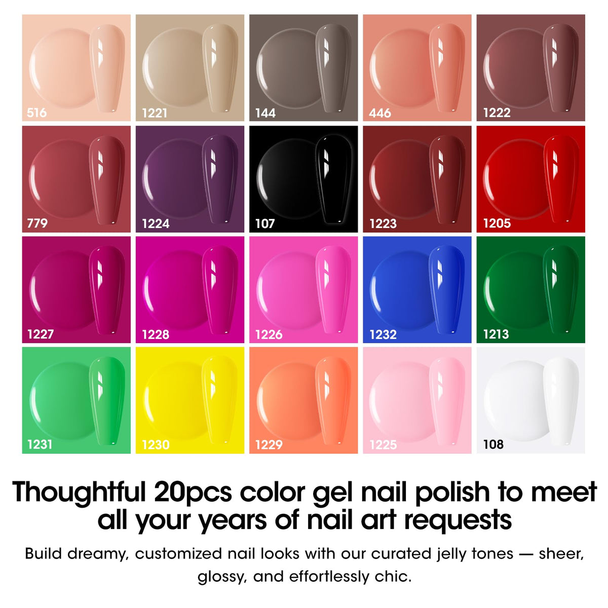 GELLEN color range display with 20 gel shades for versatile manicures benefit