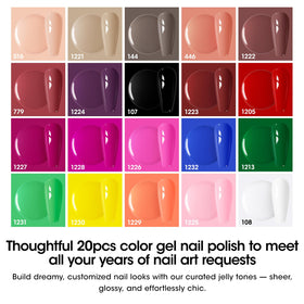 GELLEN color range display with 20 gel shades for versatile manicures benefit