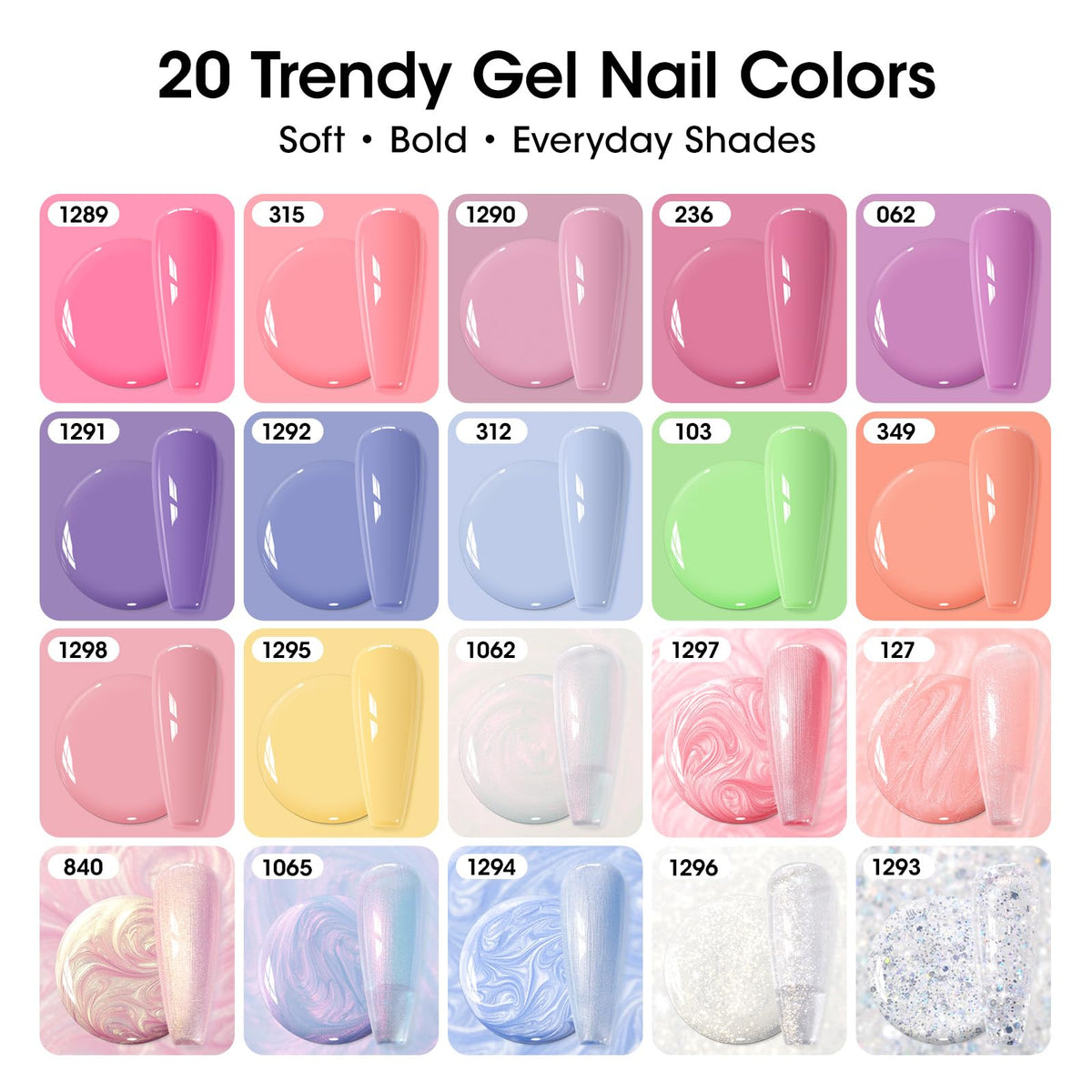 GELLEN color swatch spread of 20 pastel shades for styling