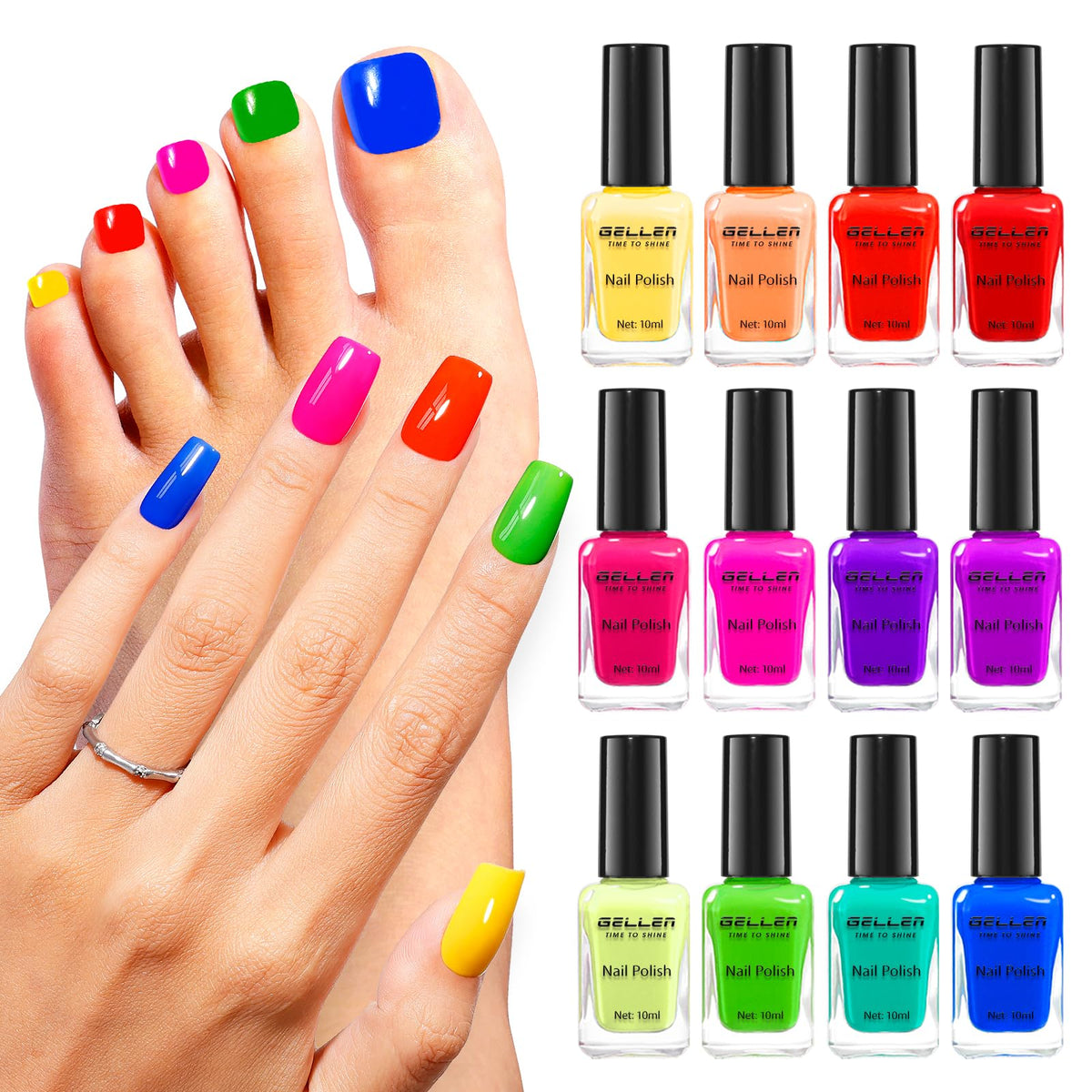 GELLEN front packaging showing 12 neon colors and kit benefits