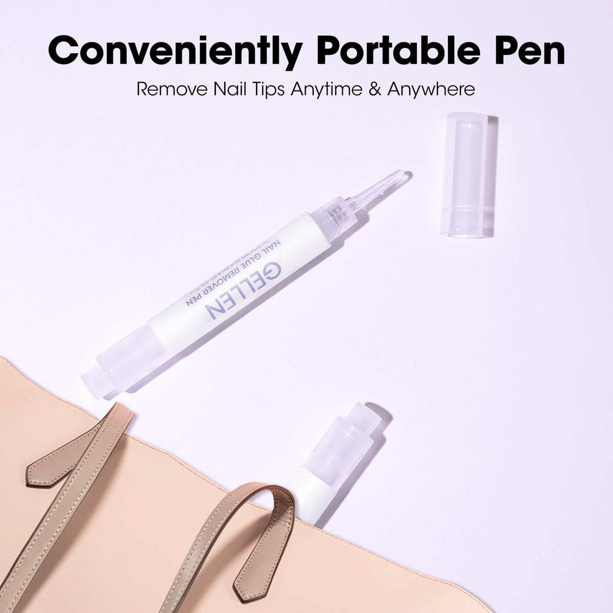 GELLEN pen beside various nail tips showing compatibility with press-on nails