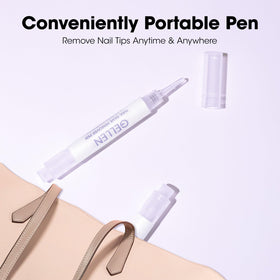GELLEN pen beside various nail tips showing compatibility with press-on nails