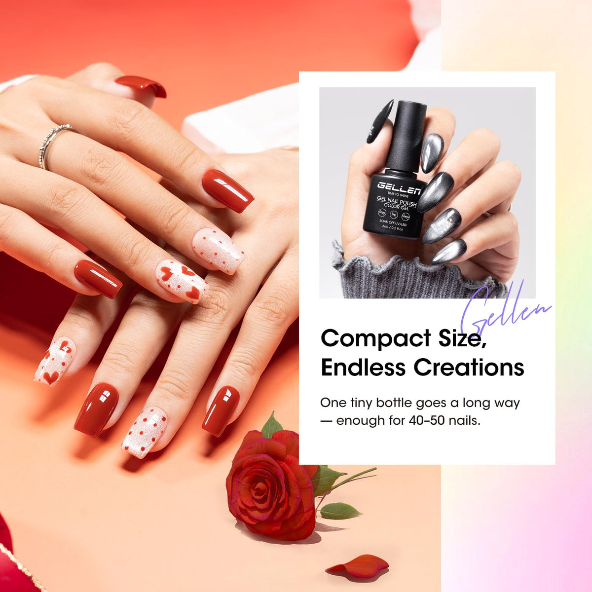 GELLEN swatches on nail wheel illustrating shade payoff for easy selection benefit