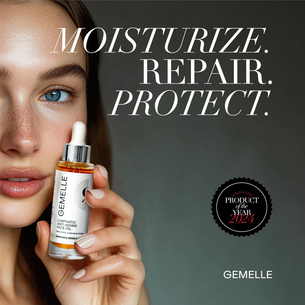 GEMELLE dropper dispensing oil highlighting controlled application and precision