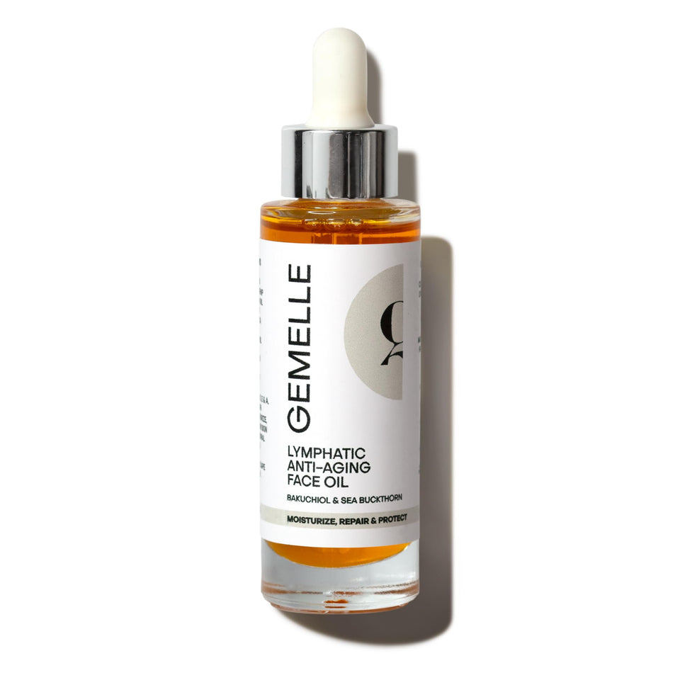 GEMELLE front packaging showcasing premium anti-aging oil benefits