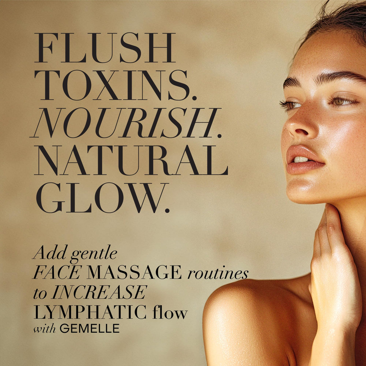 GEMELLE oil with gua sha stone on marble, shows compatibility with massage tools