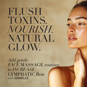 GEMELLE oil with gua sha stone on marble, shows compatibility with massage tools