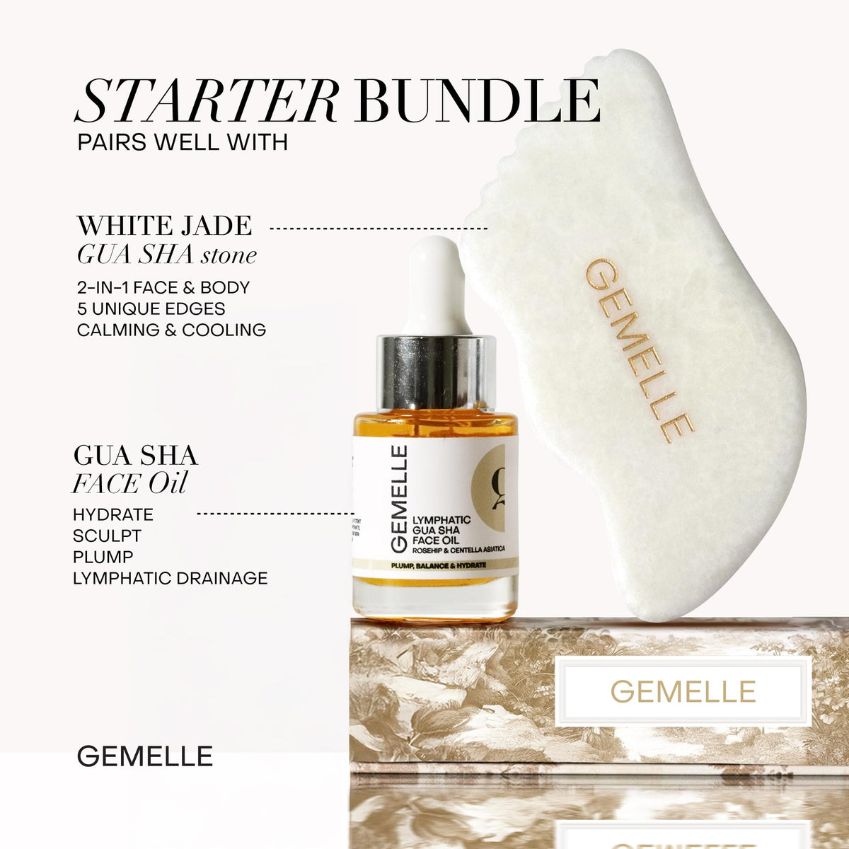 GEMELLE paired with ice roller illustrating cooling and de-puffing benefit