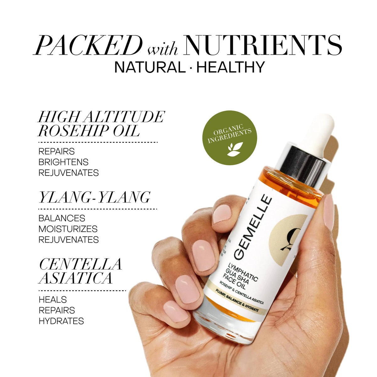GEMELLE oil texture spread on hand showing fast-absorbing hydration
