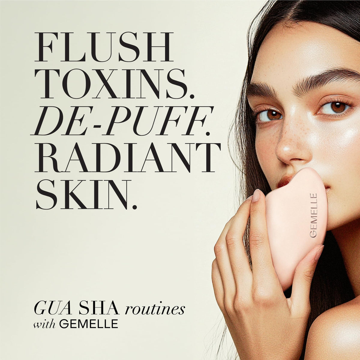 GEMELLE oil used with a gua sha tool demonstrating smooth massage and lymphatic help
