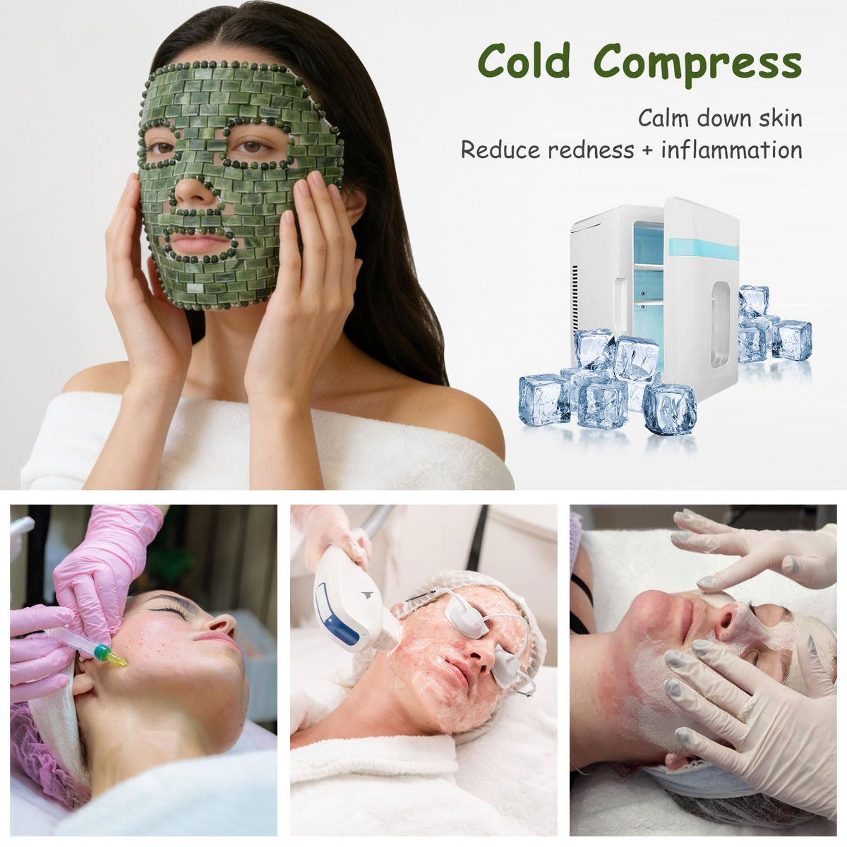 gemshan jade mask applied on model demonstrating de-puffing facial placement