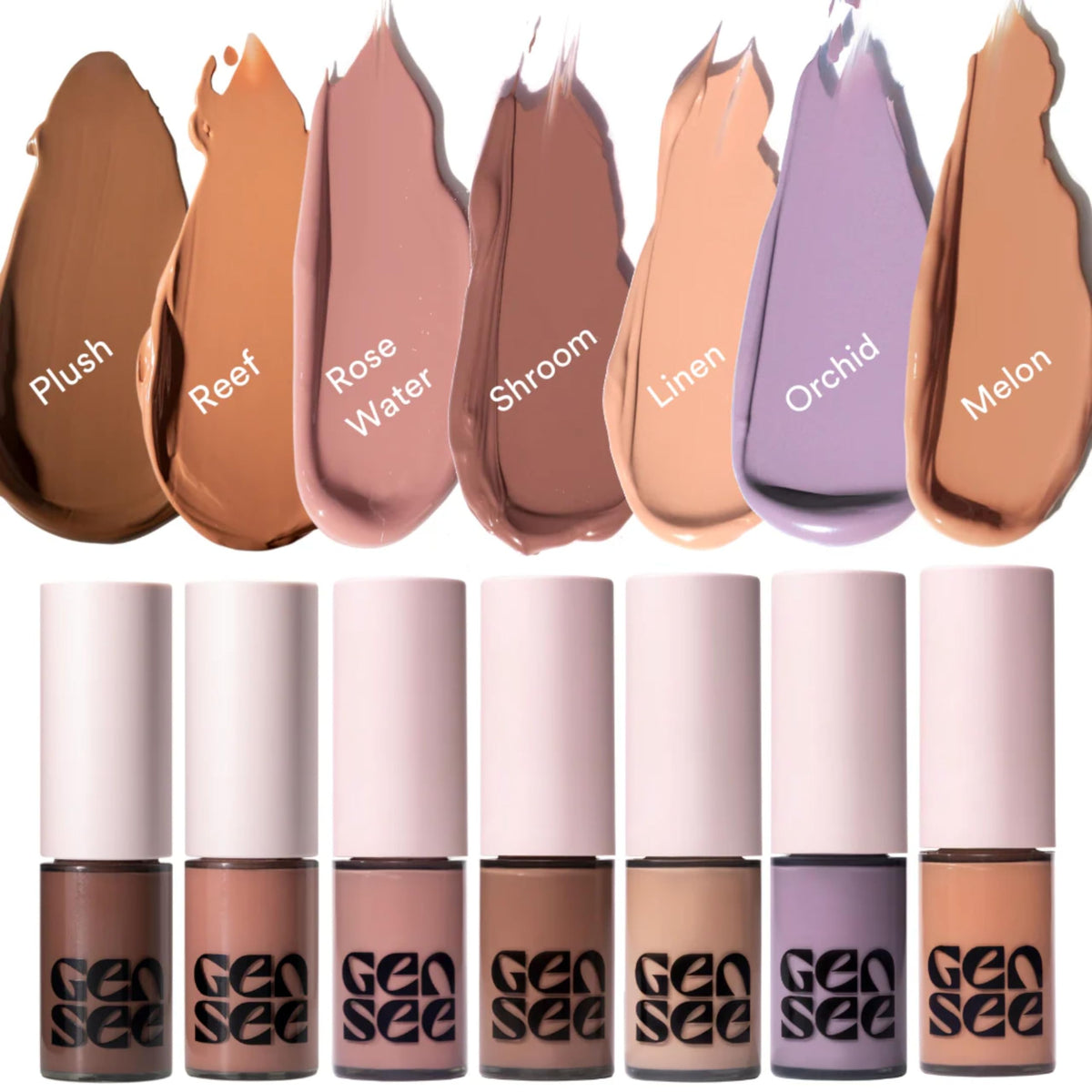GEN SEE lip and cheek swatches showing multi-use color payoff benefit
