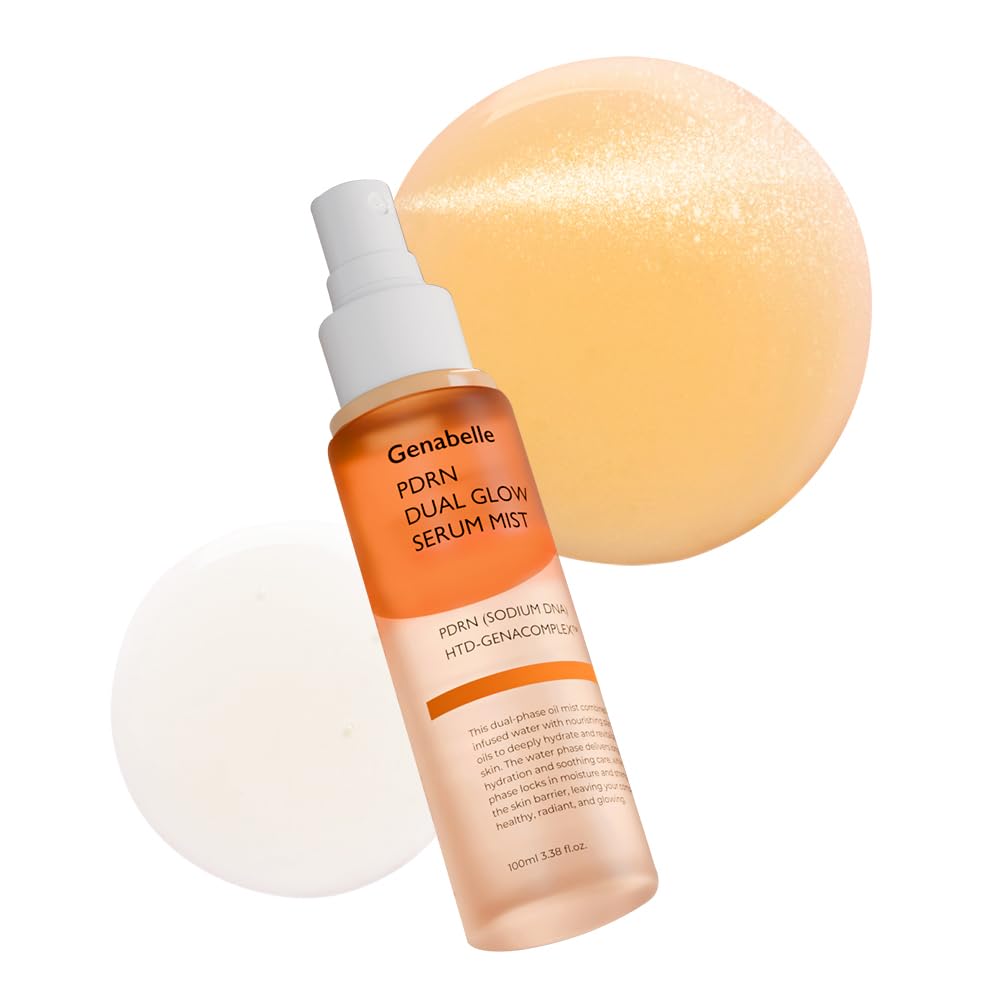 Genabelle PDRN Dual Glow Serum Mist front bottle shows compact travel-friendly size and glow