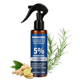Generic brand bottle front packaging showing 5% minoxidil benefits and size